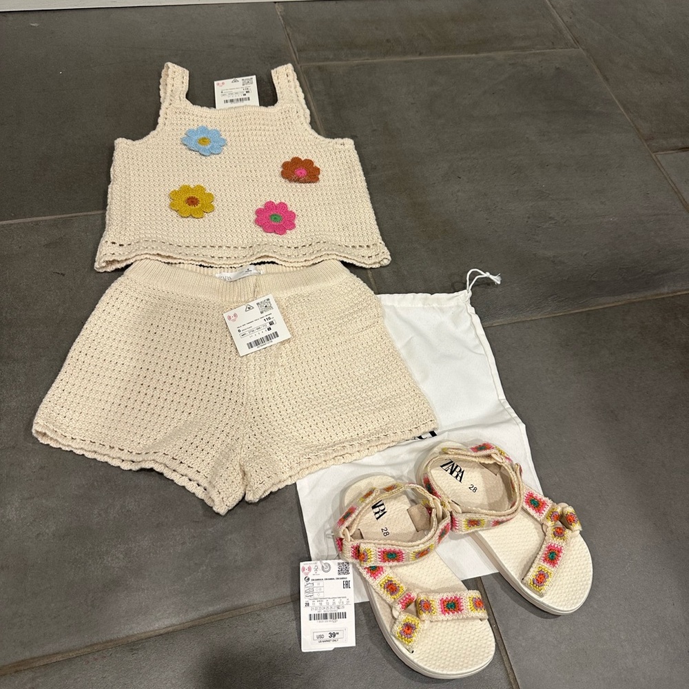 Zara Cream Floral Crochet Set size 6 with Coordinating Crochet Sandals size 11